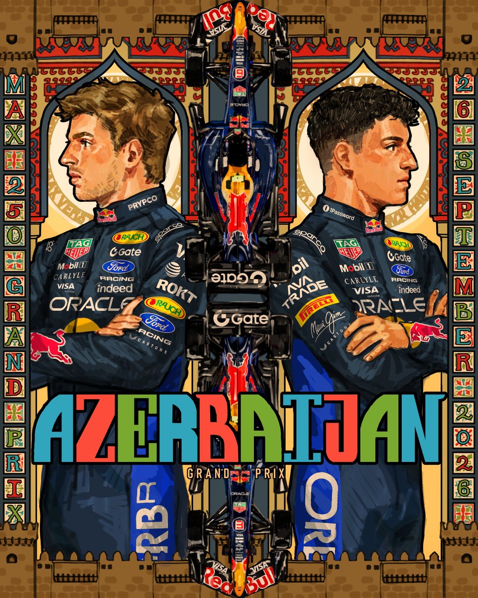 redbullracing's tweet photo. Baku's streets await, as we race in the Land of Fire 🔥

#AzerbaijanGP 🇦🇿 || 🎨 @theereboseffect https://t.co/WXoxgIeJz6