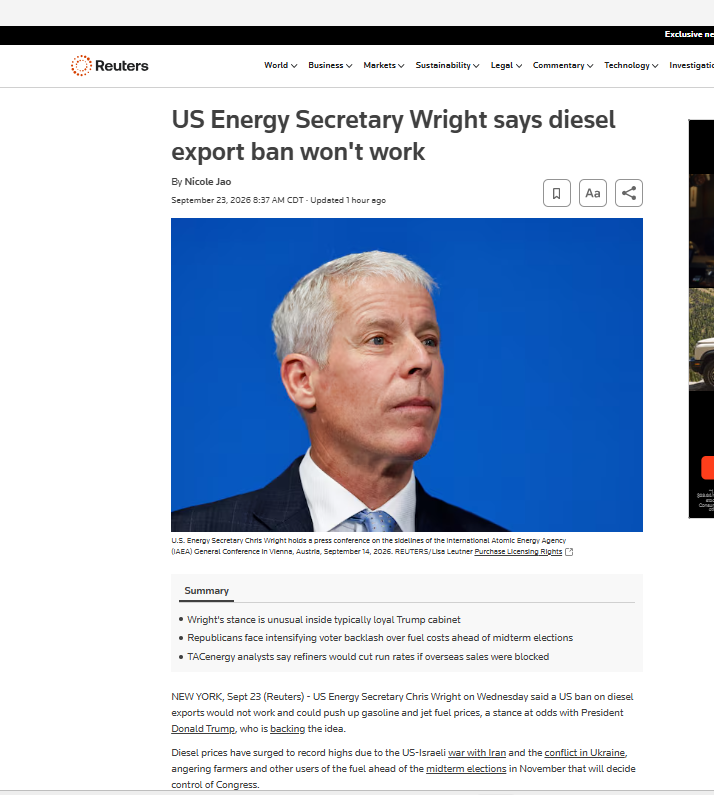 anasalhajji's tweet photo. The White House is preparing a plan for a 90-day diesel export ban.

If that happens, President Trump would be throwing his Energy Secretary under the bus.  Sectertery Wright's views are correct.  A ban will backfire.
