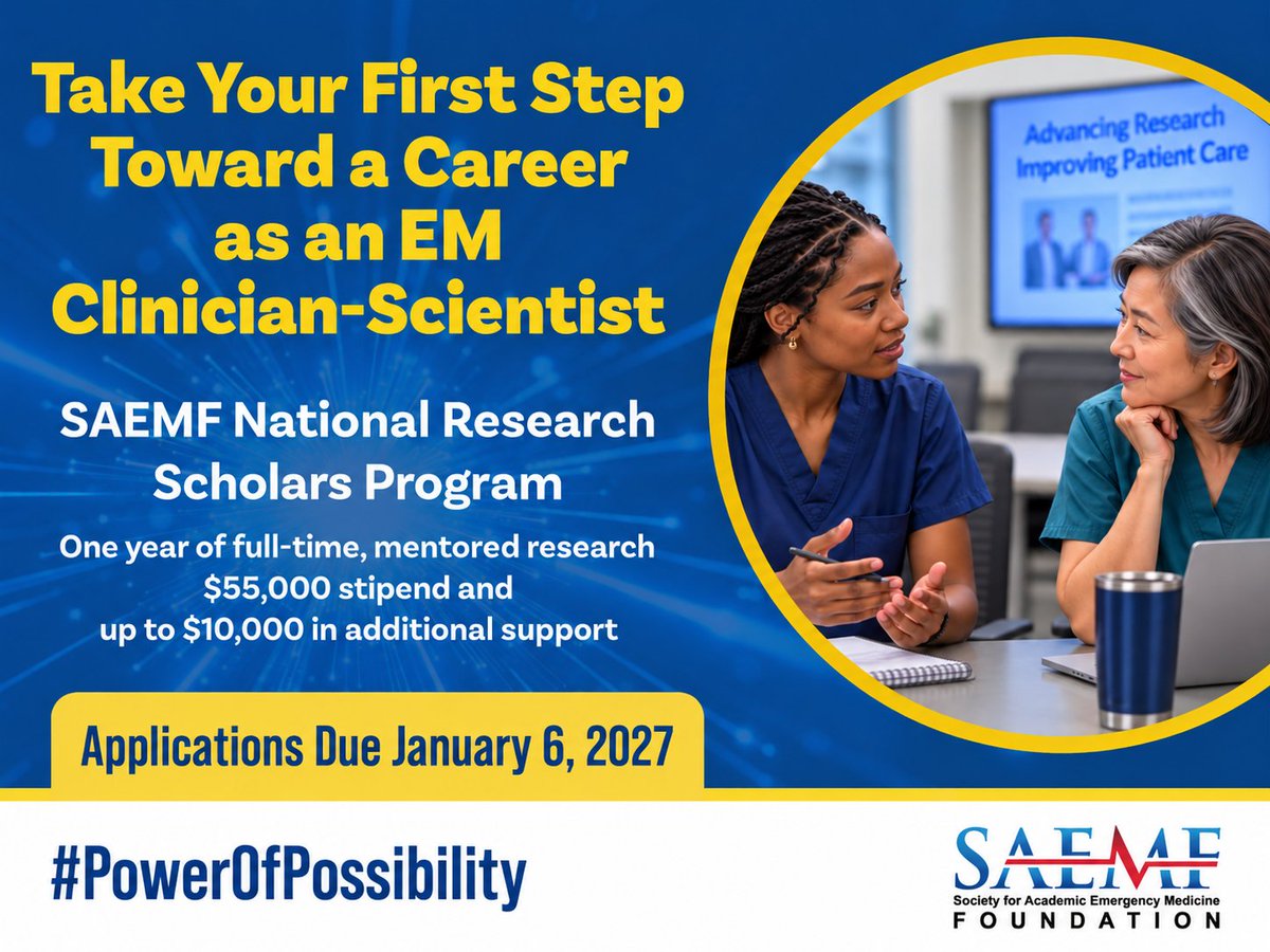 SAEMonline's tweet photo. The SAEMF-NRSP gives #MedicalStudents 12 months of full-time emergency care research at a U.S. institution outside their home medical school, with mentorship and career development from leading EM investigators.

Students Must Apply by January 6, 2027: https://t.co/J6jbYRr0kE https://t.co/d9C0VwWzuE