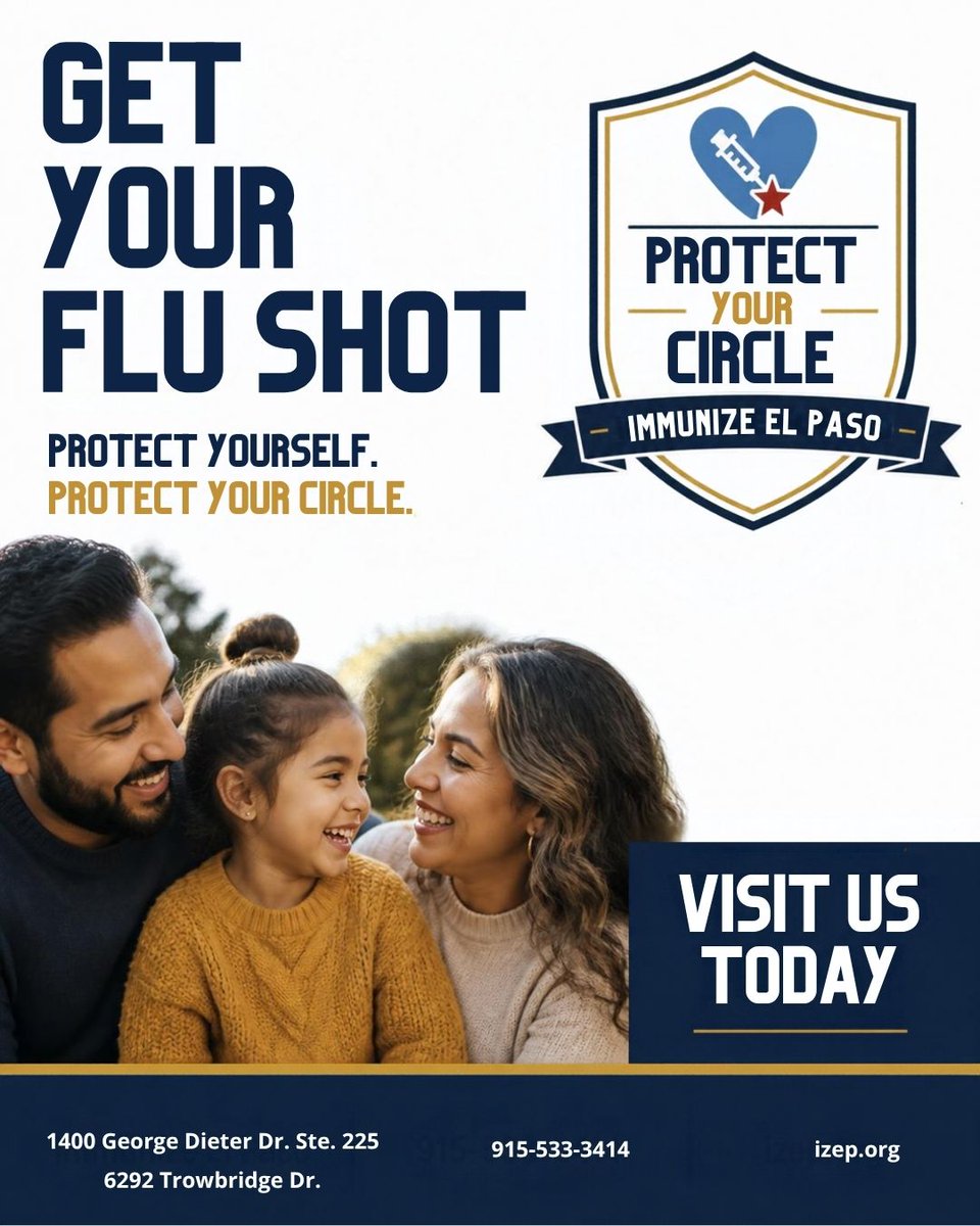 immunizeelpaso's tweet photo. Flu season is here. Protect yourself and the people around you by getting your flu shot.

Visit Immunize El Paso today or call us at 915-533-3414.

#ProtectYourCircle #ImmunizeElPaso #FluShot #FluSeason https://t.co/noZFPB9IQa