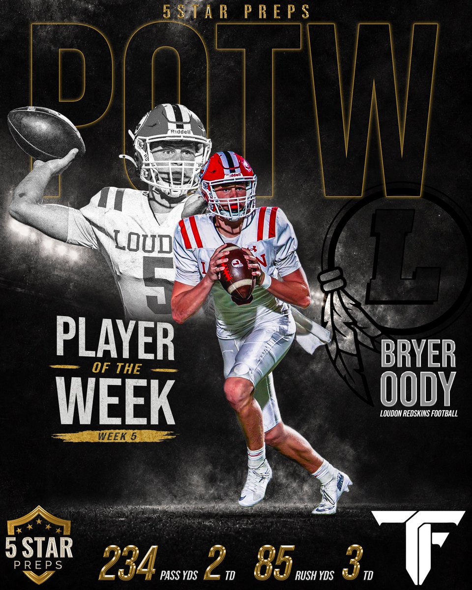 5StarPreps's tweet photo. Congrats to Loudon QB @BryerOody for winning @triplefknox Player of the Week ⭐️⭐️⭐️⭐️⭐️ https://t.co/q2m0GAb8N3
