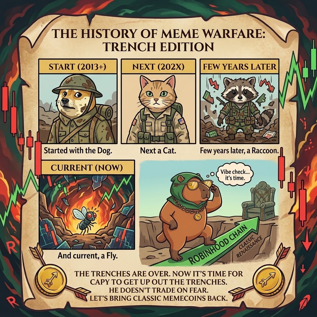CapaBaraOffical's tweet photo. We started deep in the trenches with Doge a classic pioneer. Then the internet did its thing, and a cat followed suit. A few years later, a raccoon... just trying to survive, you know. And now? Currently, we're at a fly in the trenches. Things are getting weird. https://t.co/vZW9D6BBzN