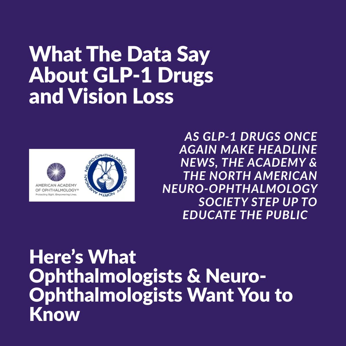 aao_ophth's tweet photo. NAION is rare. Whether GLP-1 medications cause it remains uncertain. For patients who need these medications for diabetes, heart disease, or severe obesity, the benefits likely outweigh the possible risk.

Don't stop your medication without talking to your doctor, and if you have sudden, painless vision loss in one eye, see an ophthalmologist promptly.

Read the full statement: https://t.co/Nucs5WcL5d

#AAO #GLP1 #EyeHealth #Ophthalmology @NANOSTweets