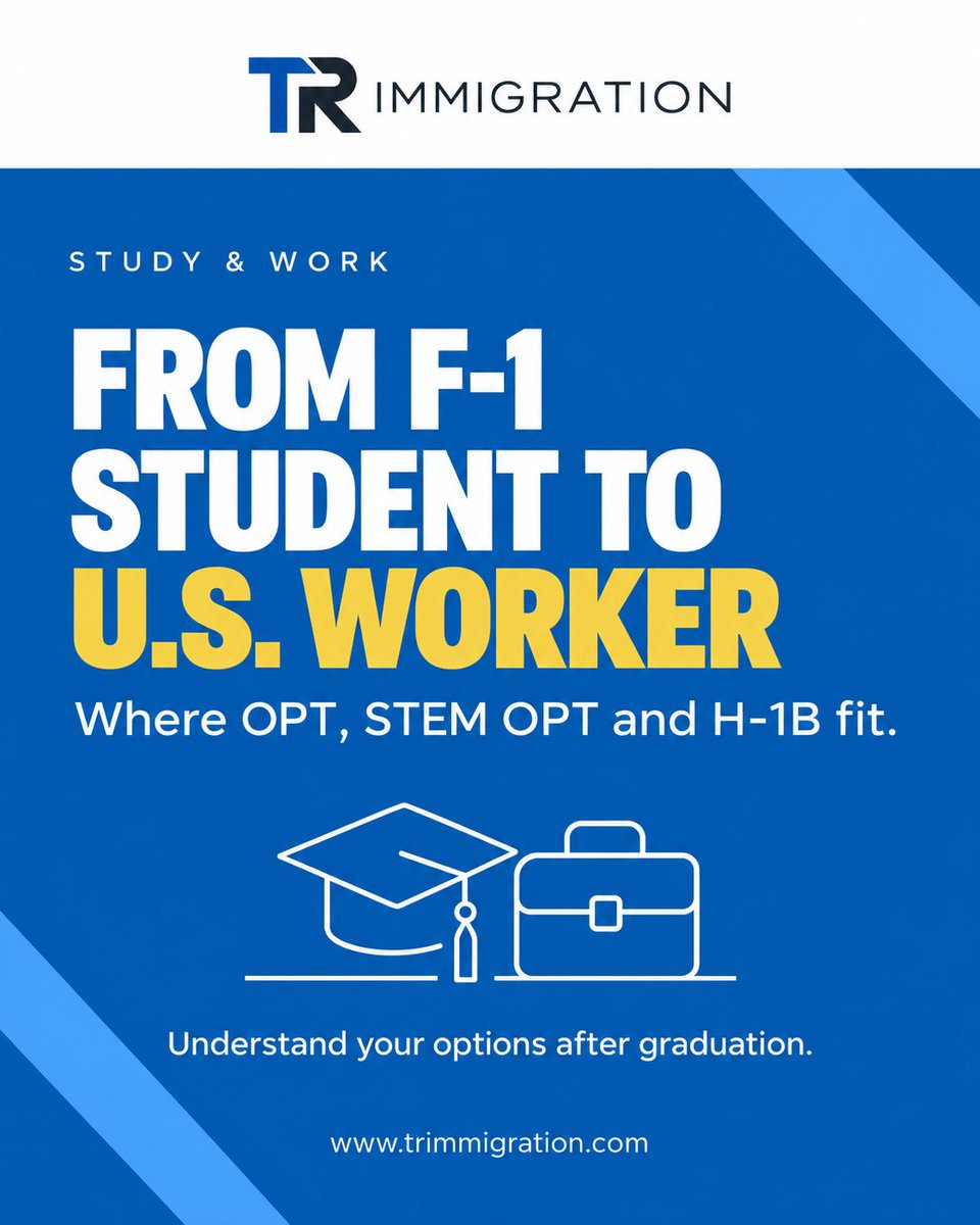 tr_immigration's tweet photo. From F-1 student to U.S. worker: What comes next?

Understand how OPT, STEM OPT, and H-1B connect, including eligibility, sponsorship, and potential gaps in work authorization.

Read the full guide: https://t.co/1zZ5TzgT2q⁠

#F1Visa #OPT #H1B https://t.co/n2HNmSSn6K