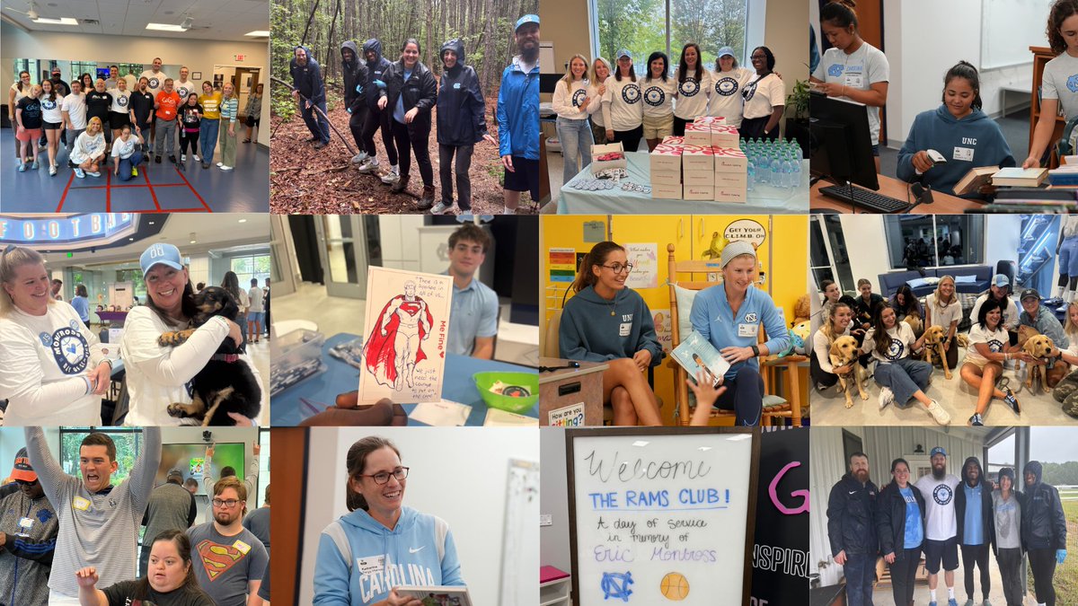 TheRamsClub's tweet photo. A midday look at Tar Heels giving back in honor of Eric! 🐏 We’ve got more stops ahead as the Carolina community continues to celebrate his legacy through service:

🩵 @uncwomensgolf organized books and read to students at Morris Grove Elementary
🩵 Rams Club staff at @gigisraleigh 
🩵 Delivering meals to patients and caregivers at @UNC_Health_Care  - Hillsborough campus
🩵 Clearing a trail for Beautiful Together Animal Sanctuary @TamaraLackey with UNC Mental Health & Performance Psychology staff 
🩵 Service dogs in training visited us from Eyes, Ears, Nose, and Paws

Join us and share your service! Use #MontrossDayofService and tag us on your posts

#GoHeels