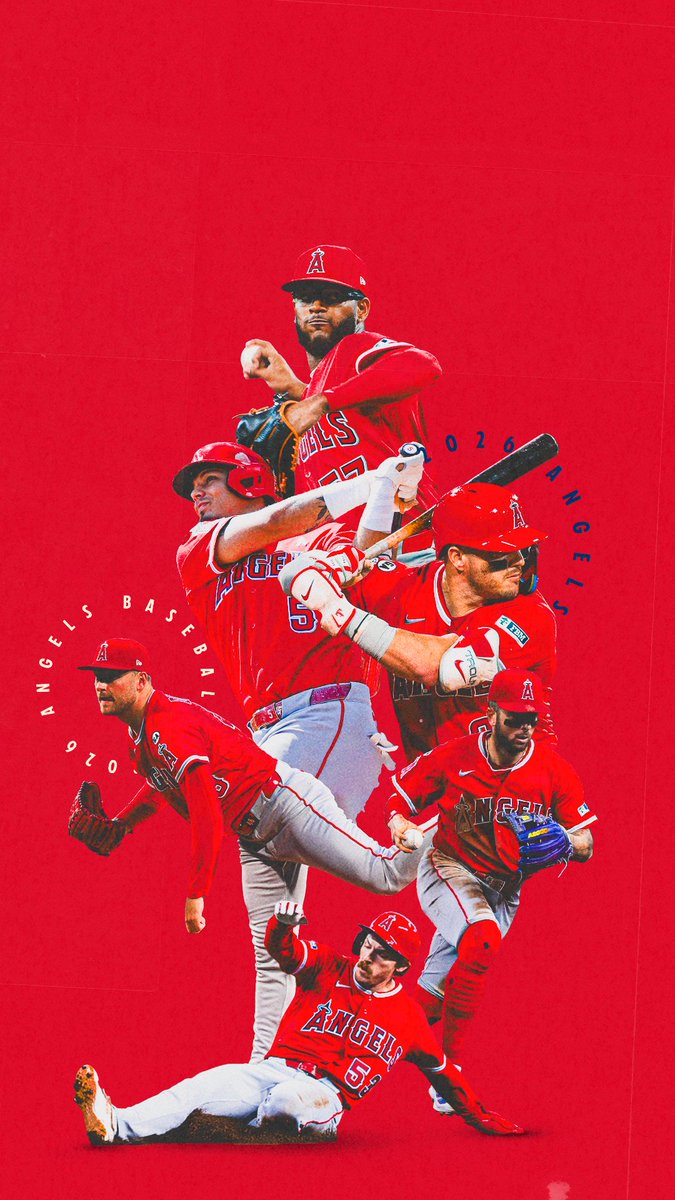 An Angels mobile wallpaper design: Walbert Ureña, Mike Trout, Zach Neto, Wade Meckler, Reid Detmers, and Vaughn Grissom are featured on a red background.