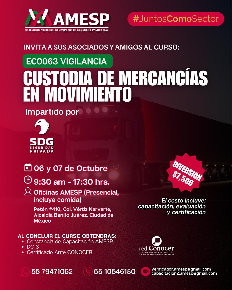 AMESP_oficial's tweet photo. LA AMESP INVITA A SUS ASOCIADOS AL CURSO:

EC0063 “Custodia de Mercancías en Movimiento"(06 y 07 Octubre)

Cualquier duda puede ponerse en  contacto con nosotros a los números 5579471062 / 55-1054-6180, o al correo: capacitacion2.amesp@gmail.com  o verificador.amesp@gmail.com https://t.co/qJt2mnbYQ1