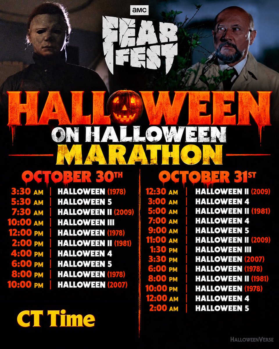 HalloweenVerse's tweet photo. 🎃 HALLOWEEN ON HALLOWEEN MARATHON 🎃

AMC is celebrating Halloween with TWO straight days of Halloween Movies!🔪

📺 October 30th &amp; October 31st
🎃 Halloween movies ALL DAY LONG
🔪 “Halloween on Halloween Marathon”

#Halloween #MichaelMyers #AMCFearFest https://t.co/e9F2iwAiYS