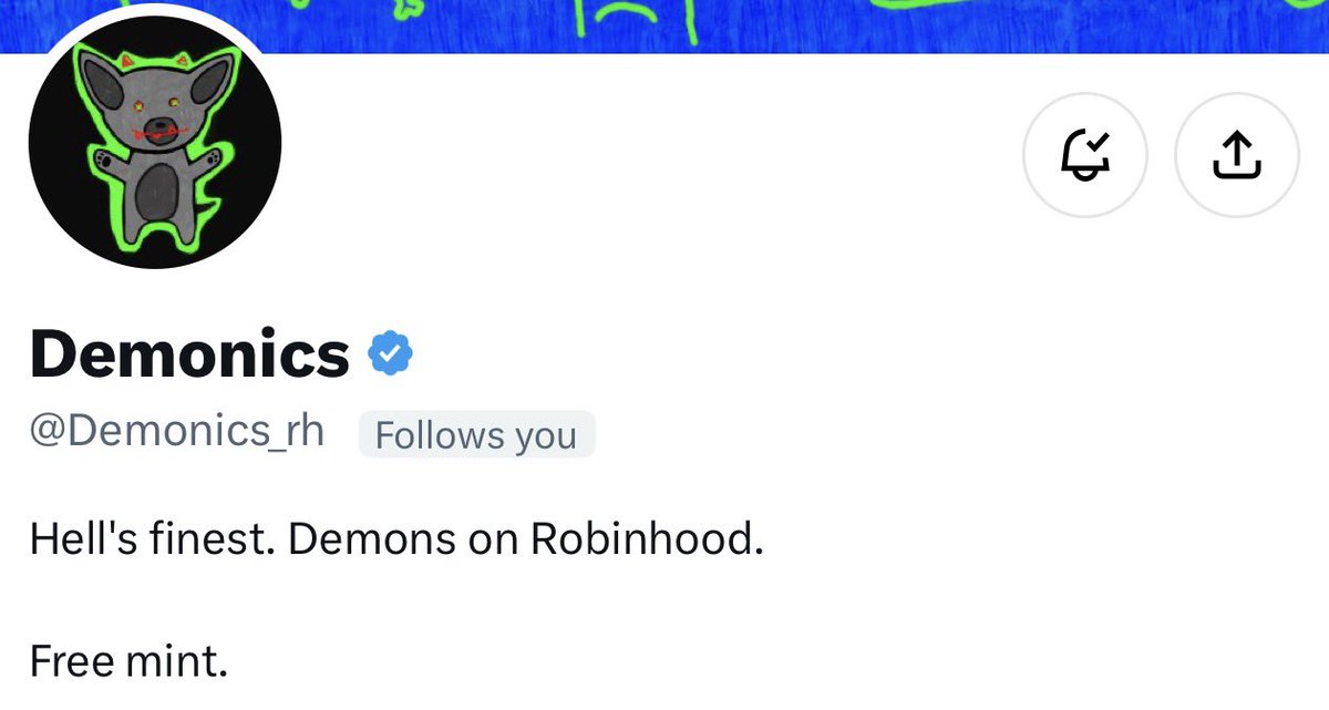 xmartsol's tweet photo. Early Finds

@demonics_rh

The art on this is actually insane and it’s FREE MINT

6666 supply coming on Robinhood 

Way too clean for a free mint imo. Would be looking to raffle some GTD later on.

Follow + RT + drop your EVM wallet 👇 https://t.co/zp5U63Yau2