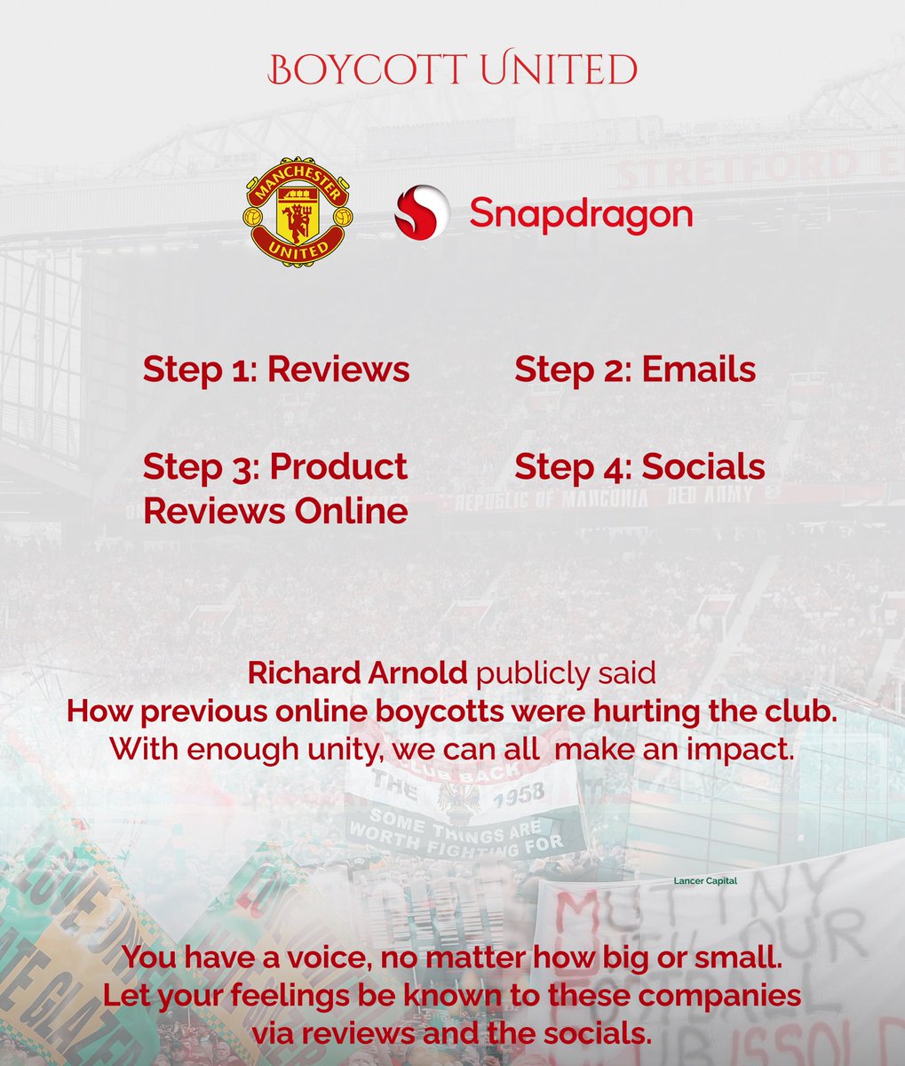 MarcoAlcaraz_'s tweet photo. 🔰Enough. Is. Enough!🔰

Ex Man Utd CEO, Richard Arnold admitted that online sponsor boycotts were having a real impact on the club.

Today, the spotlight is on #MUFC’s FOS sponsor, @Snapdragon. Below, we’ll break down exactly how you can get involved.
#SaveOurUnited #BoycottUnited