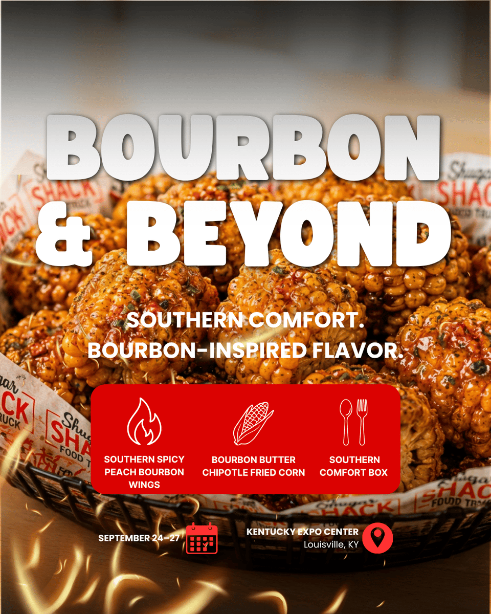 Shugarshacksoul's tweet photo. Bourbon & Beyond is about to get flavorful! đ„ Catch Shugar Shack Sept. 24â27 in Louisville for Southern Spicy Peach Bourbon Wings, Bourbon Butter Chipotle Fried Corn & Southern Comfort Box.
#ShugarShack #ShugarShackSoulfood #BourbonAndBeyond https://t.co/8MRS3M1wa3 https://t.co/GFfS1hY9Ww