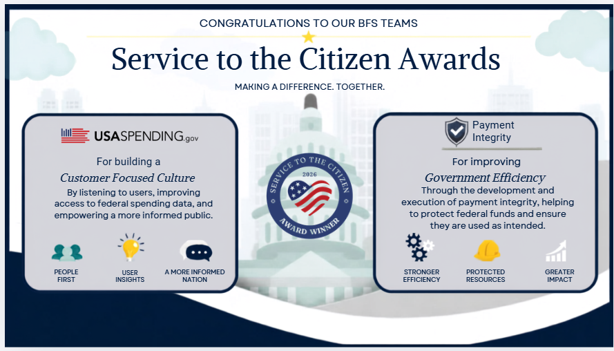 FiscalService's tweet photo. 🎉Our https://t.co/mmuDpA6BH3 and Office of Financial Integrity teams were honored at the 2026 Service to the Citizen Awards ceremony in D.C. on Friday evening! Congrats to all the winners! 🎉 

#ServiceToTheCitizen https://t.co/EYcxnwe4qv