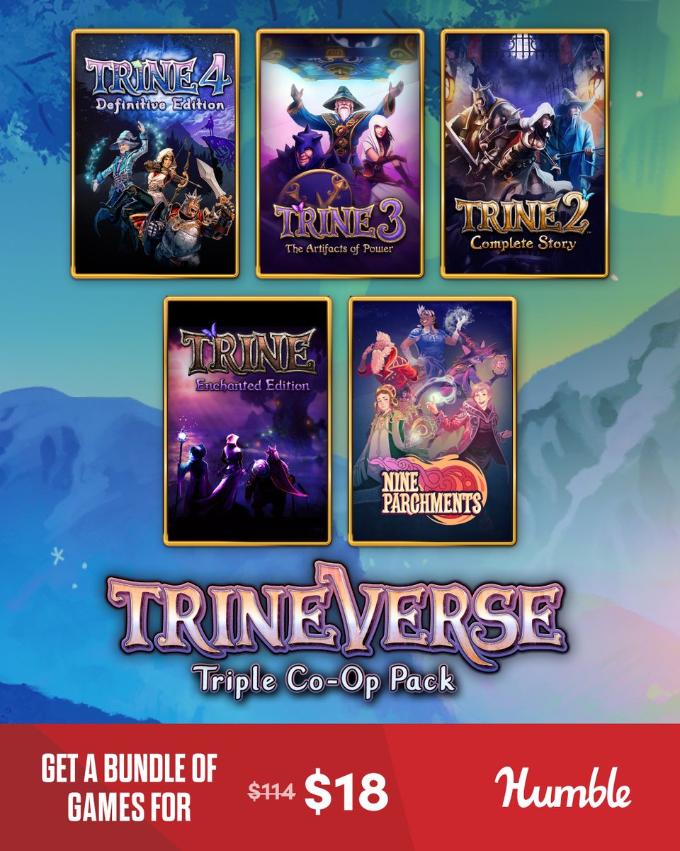 humble's tweet photo. Step into a world where magic and mystery are around every corner with the Trineverse Triple Co-op Pack, and save more and more with the number of copies you buy!

- Trine 4: Definitive Edition + DLC
- Nine Parchments
- Tring 3: The Artifacts of Power
- And more! Supports @treeswater | https://t.co/wCMMEX94uw