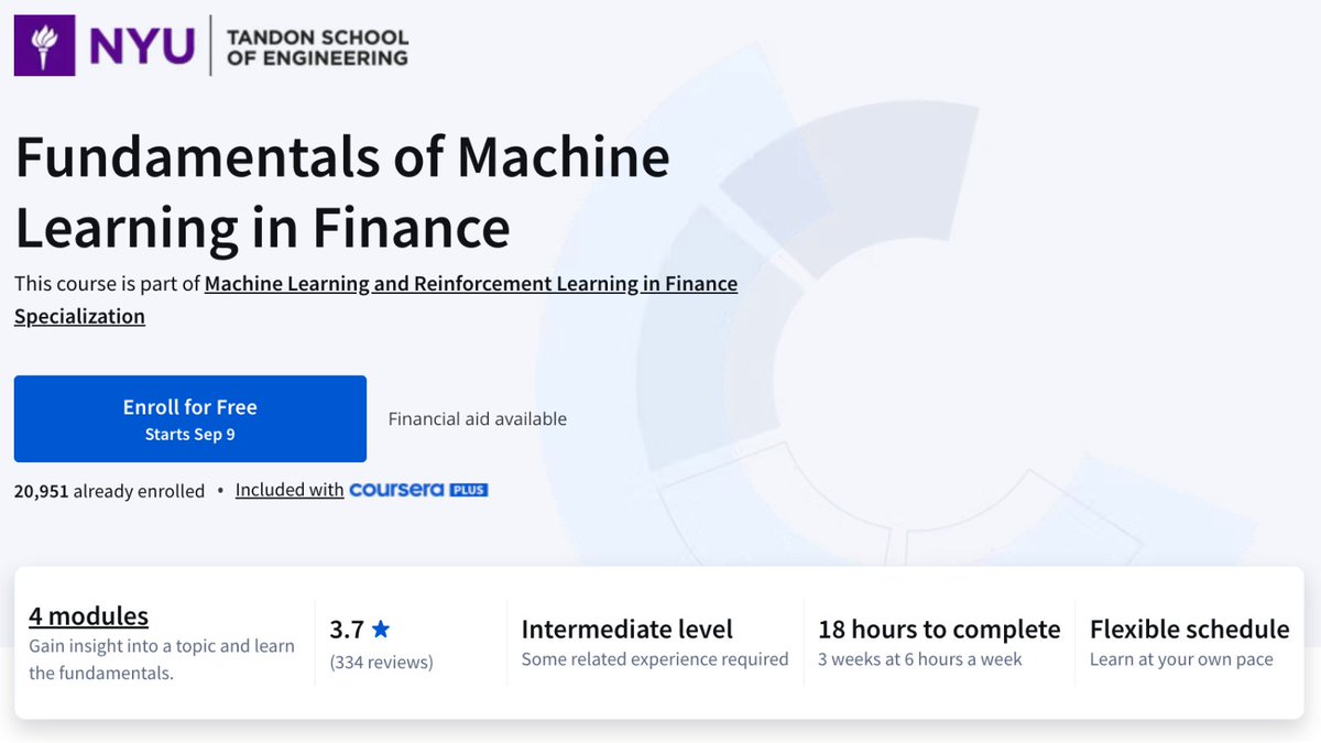 pyquantnews's tweet photo. 5 free courses on Coursera for AI in finance from NYU.

No payment required: https://t.co/HsO33jJlIA