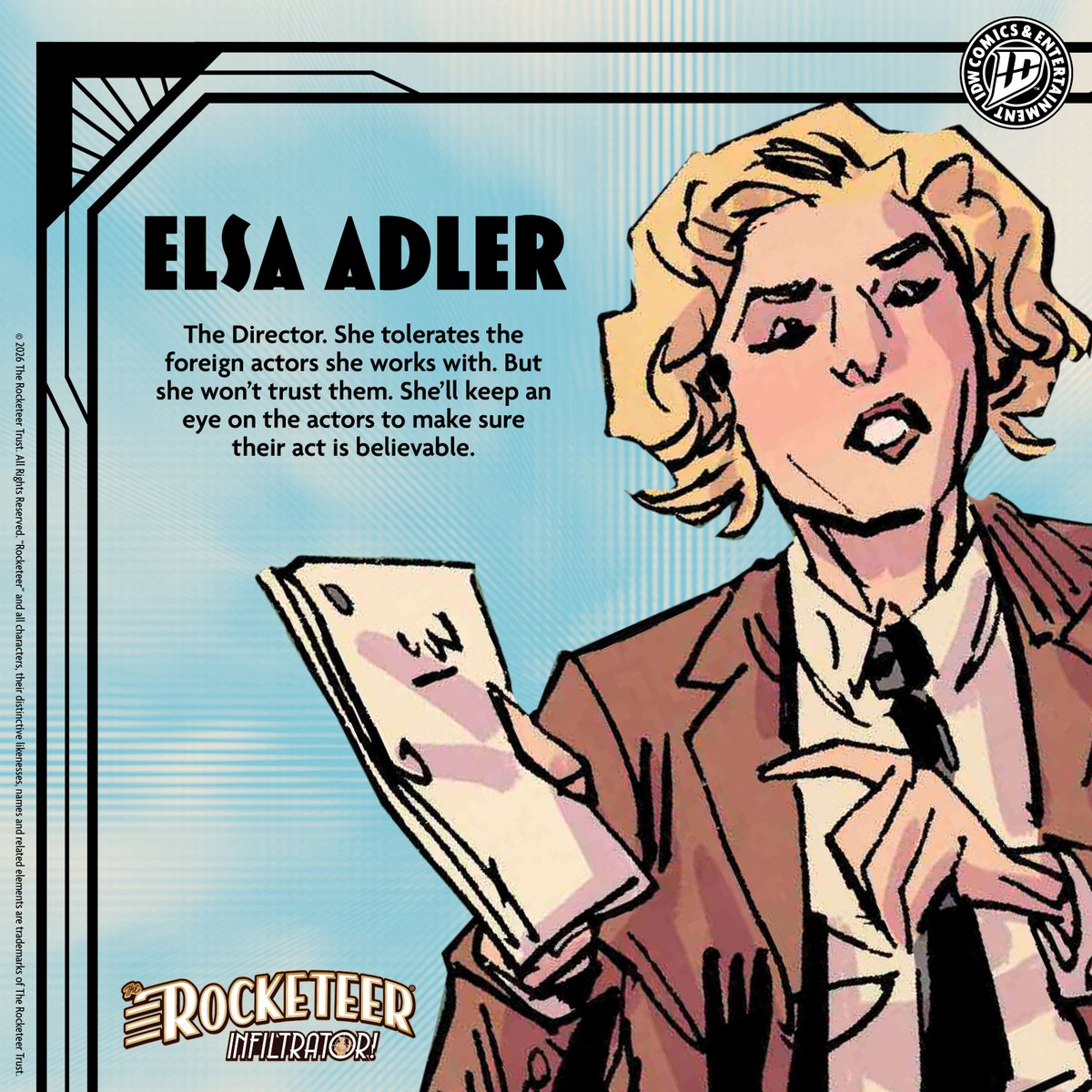 IDWPublishing's tweet photo. The Rocketeer &amp; Betty have got a new mission. Can Cliff summon all the talent for subterfuge he never learned as a stunt pilot? God, we hope so…

The Rocketeer: Infiltrator! is at comic shops today! 

#TheRocketeer #Comics #M16 #IDW https://t.co/cAsDAioKZU