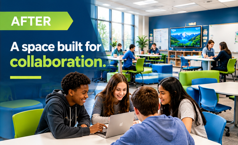 powerupedu's tweet photo. A transformational learning space should feel different, enabling 🧠 independent thinking, 🤝 collaboration, 💡 creativity, 🗣️ communication, 💻 tech use, and 🔄 varied experiences. #PowerUpEDU #TransformationalSpaces #StudentEngagement #CollaborativeLearning #LearningEnvironment #InnovativeEducation #EdTech #CreatingInnovativeLearningExperiences