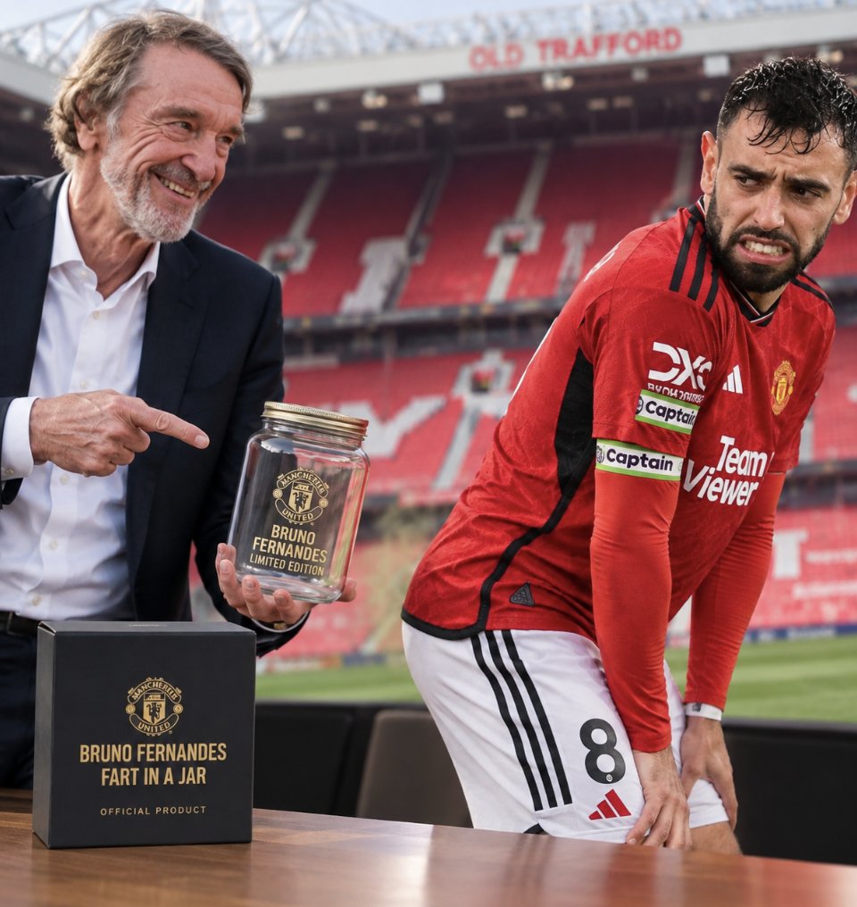 NOT_MOTD's tweet photo. 🚨 𝗕𝗥𝗘𝗔𝗞𝗜𝗡𝗚: Sir Jim Ratcliffe has asked Bruno Fernandes to fart in a jar, so they can start selling that to Manchester United fans... https://t.co/4zTSLgQebw