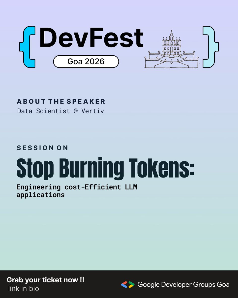 GDG_Goa's tweet photo. 🚀 Meet Mrinal Prakash Desai at DevFest Goa 2026!

What if you could make your LLM applications faster, leaner, and more cost-efficient? Mrinal is bringing practical strategies for engineering token-efficient AI systems.

📅 10 October 2026
🎟️ Tickets — Link in bio!

#devfestgoa https://t.co/LQAVlE5PXY