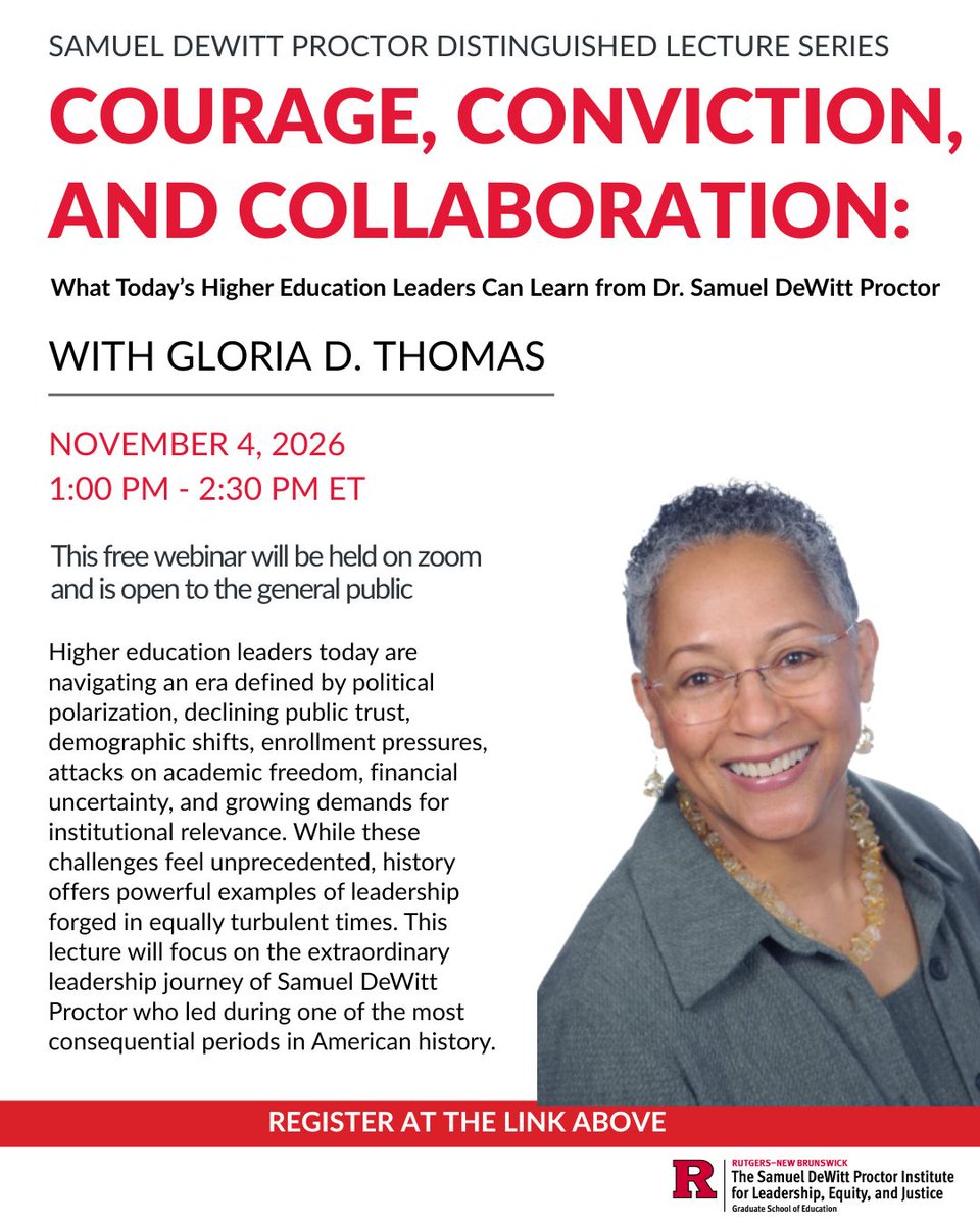 SDPInstitute's tweet photo. Join us for the Samuel DeWitt Proctor Distinguished Lecture Series featuring Gloria D. Thomas, as she explores Samuel DeWitt Proctor’s extraordinary leadership journey in higher education!

Register today: https://t.co/un5dI0U3RX https://t.co/5ubttDeiQw