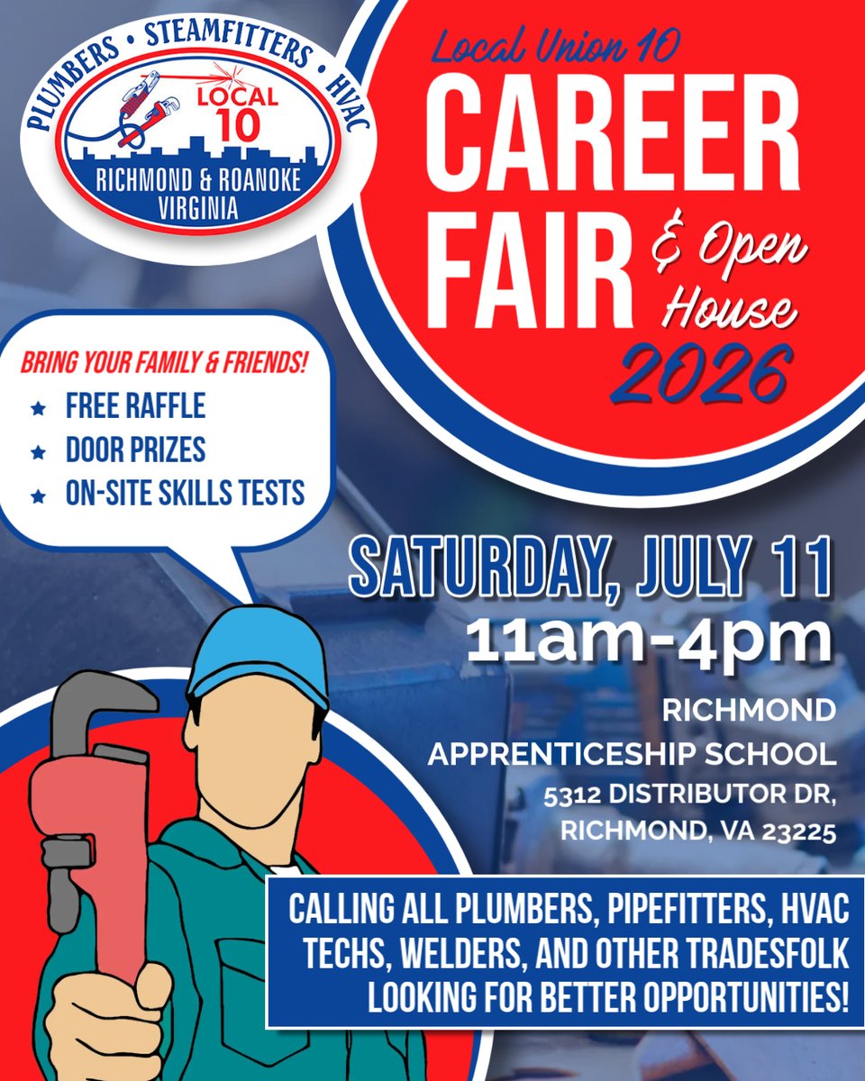 anthophill90500's tweet photo. Join Local Union 10’s 2026 Career Fair and Open House on Saturday, July 11, 11 AM–4 PM at Richmond Apprenticeship School. Explore careers, apply, tour facilities, meet contractors, and learn about benefits and pay. https://t.co/6Ccvn09GU9