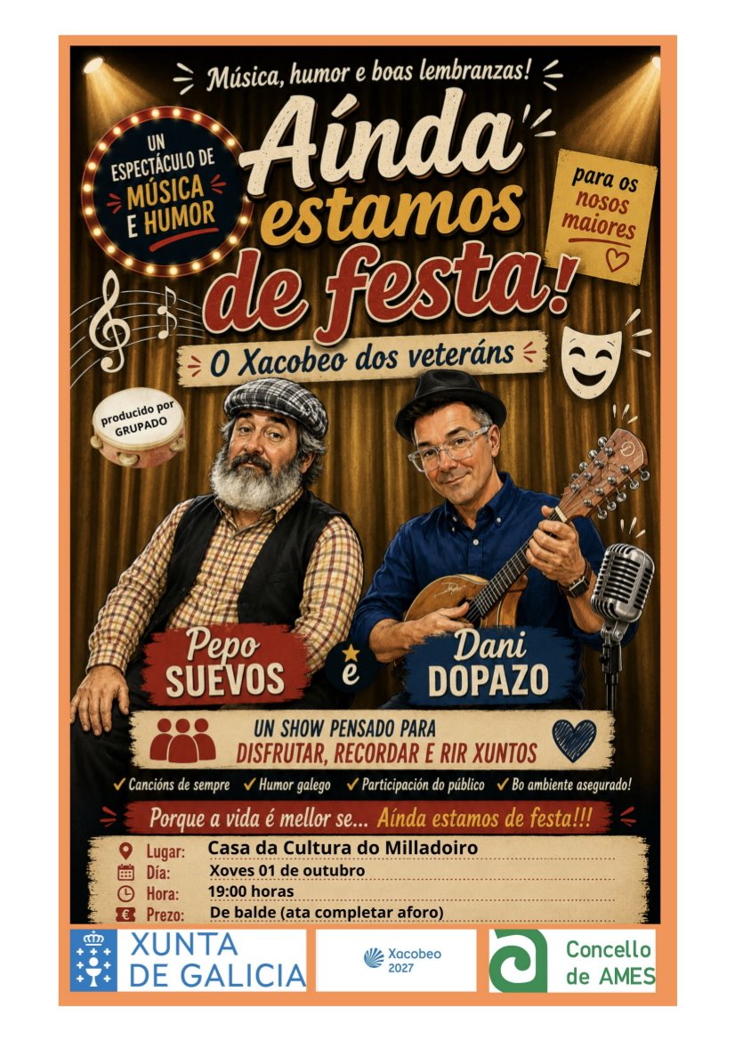 concellodeames's tweet photo. Ames celebra o Día do Maior co show “Aínda estamos de festa!”, de Pepo Suevos e Dani Dopazo 🎉
ℹ️🔗 https://t.co/8XikSzAGii
#Amessán #Ames #Show #ConcelloDeAmes https://t.co/KmxnABsijE