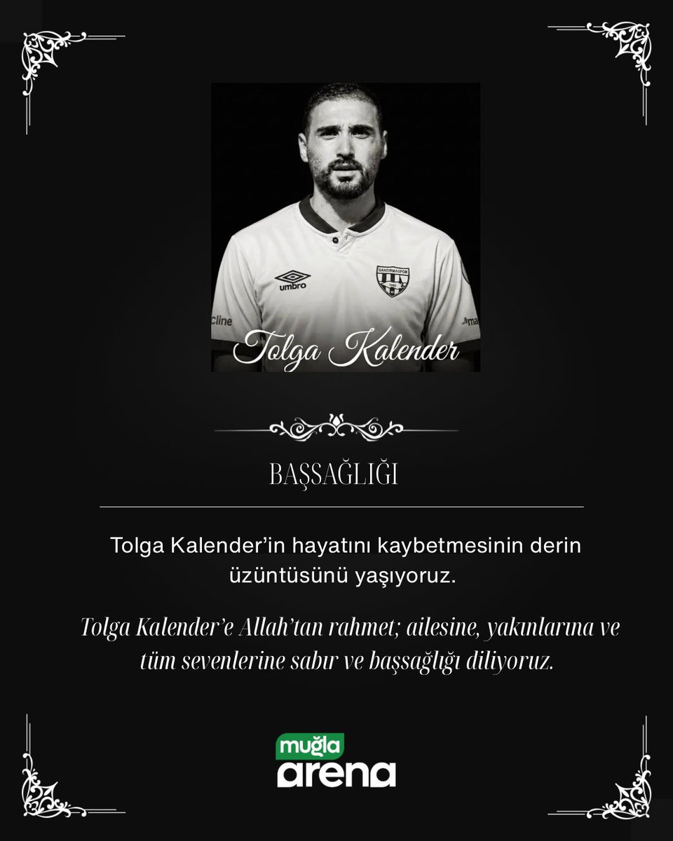 muglaarena's tweet photo. Tolga Kalender’e Allah’tan rahmet; ailesine, yakınlarına, takım arkadaşlarına ve Bandırmaspor camiasına sabır ve başsağlığı diliyoruz.

Mekânı cennet olsun.

#muglaarena #tolgakalender #bandırmaspor #bassagligi https://t.co/OFutSoE0mw