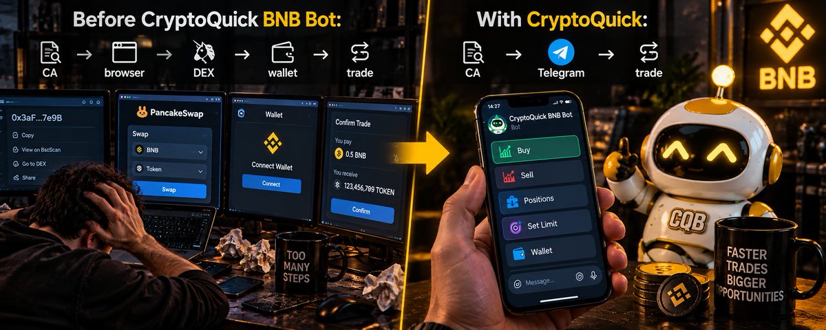 cryptoquickbot's tweet photo. Before CryptoQuick BNB Bot:
CA → browser → DEX → wallet → trade.

With CryptoQuick:
CA → Telegram → trade.

That’s the whole point.

Cut the steps. Keep the execution.

https://t.co/Z4oOjBwrye https://t.co/iEpF6wzfNM