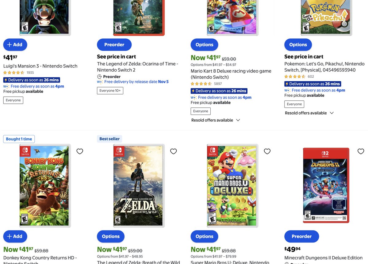 HoomanDeals's tweet photo. NINTENDO SWITCH GAMES FOR $31.97! YMMV #AD 

This only works with stores that have stock for local pick-up, or delivery!

Walmart has a bunch of Switch games at $41.97
https://t.co/Hyy1yiNKw0

After adding a game to your cart, add a banana.
https://t.co/fVaY2doEvv

Now use one of these codes for $10 off
DOUBLE10 / SAVE3X / FAST30