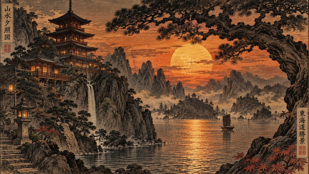 ghibli_dreams's tweet photo. A peaceful sunset between pagodas, waterfalls, and rugged mountains. 🌅⛩️⛰️ The golden light reflecting on the water turns this scenery into a moment of calm and timeless beauty.
#JapaneseArt #JapaneseLandscape #Pagoda #SunsetGlow #VintageJapan #WoodblockStyle https://t.co/P6TpVdrUPO