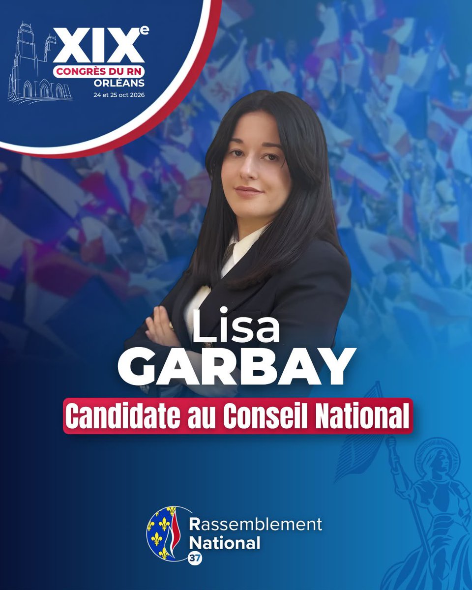 GarbayLisa's tweet photo. 🇫🇷 À l'occasion du XIXe Congrès du Rassemblement National, qui se tiendra les 24 et 25 octobre à Orléans, j'ai l'honneur de vous présenter ma candidature au Conseil national de notre mouvement.  👉🏻 Je compte sur votre soutien et votre mobilisation ! https://t.co/00ZsCCyHJN