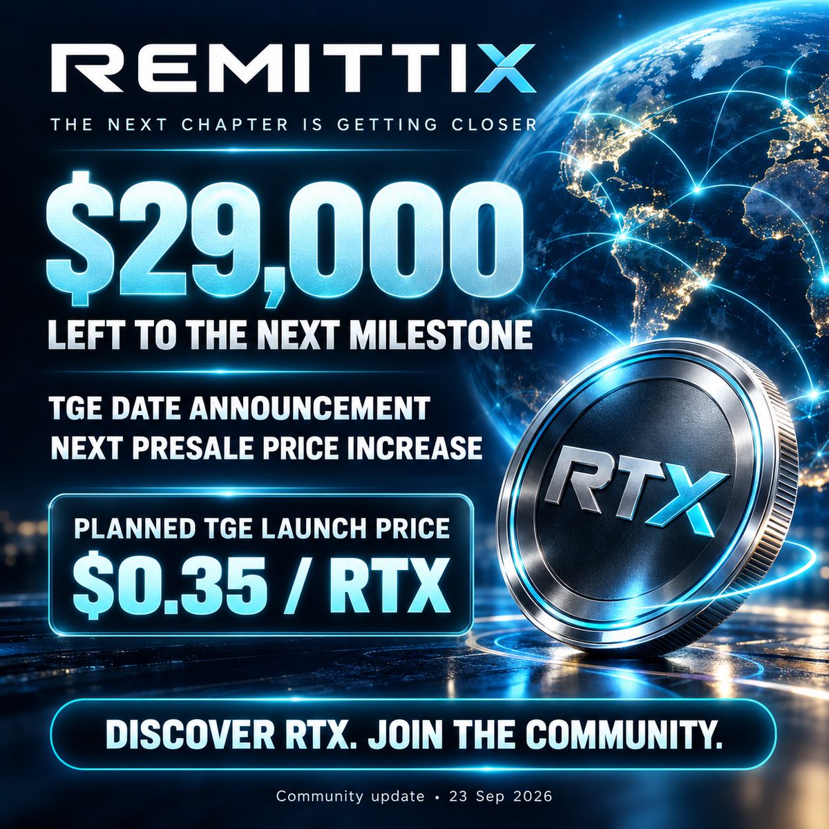 LaurentBalat's tweet photo. 🚀 Just $29,000 to the next Remittix milestone: the TGE date announcement and next presale price increase!

Planned TGE launch price: $0.35 per RTX.

Discover the project and join the community! 🌍

#Remittix #RTX #PayFi https://t.co/nhPygTr0kn