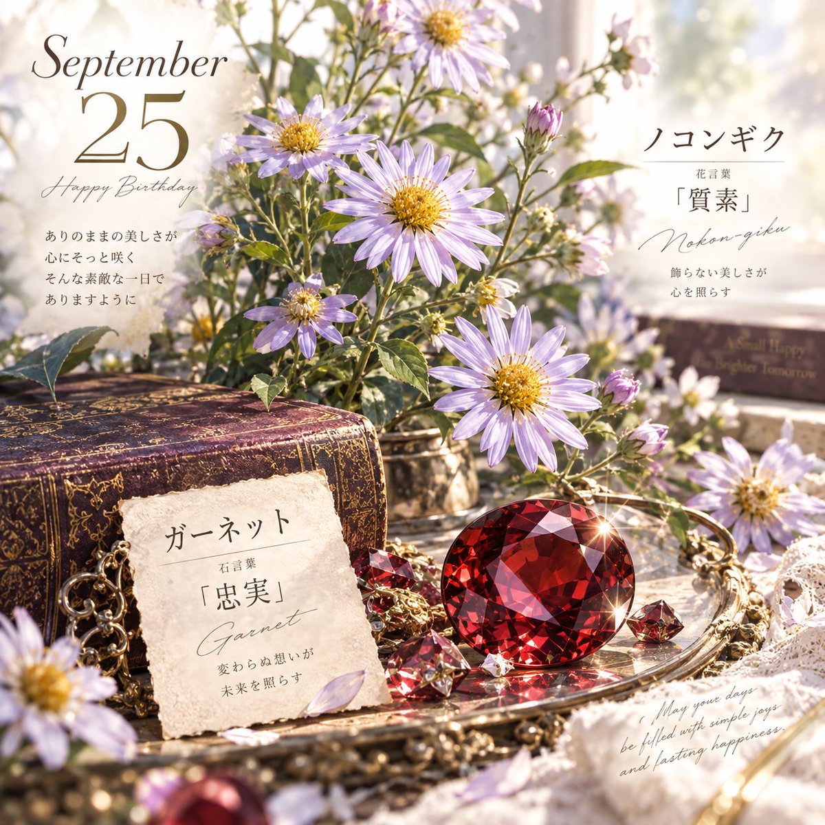 s_e_n_chan's tweet photo. 9月25日に咲くノコンギク、その花言葉は「質素」🌿

飾りすぎない花びらが、そよそよと風に揺れながら、静かな美しさをそっと届けます。

そこに寄り添う誕生日石は、深く澄んだ赤をたたえるガーネット💎

石言葉は「忠実」。

きらり、ふわり。

素朴な花のやさしさと、揺るがない想いを映す赤い輝きが重なって、穏やかな祝福の景色へ。

華やかさだけではない、静かに心へ残る美しさ。

今日という大切な一日が、自分らしい光に包まれますように✨

#9月25日 #誕生花と誕生日石

Created with GPTs by @mido_lucci
