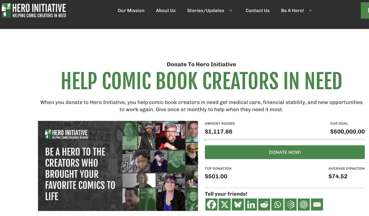 heroinitiative's tweet photo. Follow along the leaderboards and make YOURSELF our most recent donor or one of our top donors at Hero Initiative's NEW website by making a donation to help comic book creators in medical or financial need. Go NOW: https://t.co/pSn9vOBVp5 https://t.co/JDUOhpoUIM