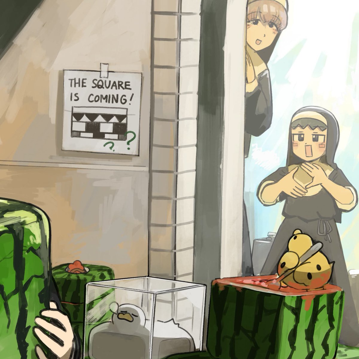 OnatiusR's tweet photo. @hyxpk Euclid Nun: "I have the ability to turn everything into squares. I was also hired to create a official Minecraft Amusement Park."
Shytower Nun: "I am also here because I became popular I guess." https://t.co/74AXSR0Vw0