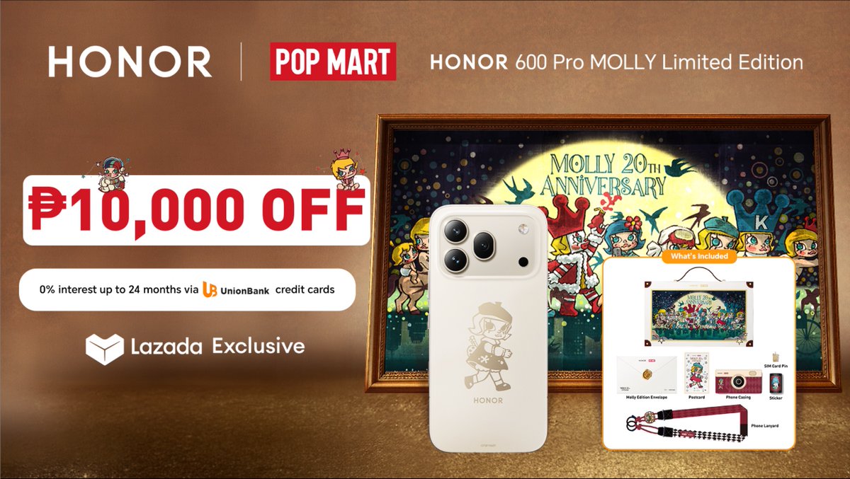PhilITOrg's tweet photo. @Honorglobal @HONORPHL 600 Pro MOLLY Edition Debuts Exclusively on @LazadaPH for only ₱49,999. https://t.co/GUGUZDzpeU #HONOR600ProMOLLYLimitedEdition #HONORxLazada #HONORxPopmart https://t.co/fjP9jQwbAY