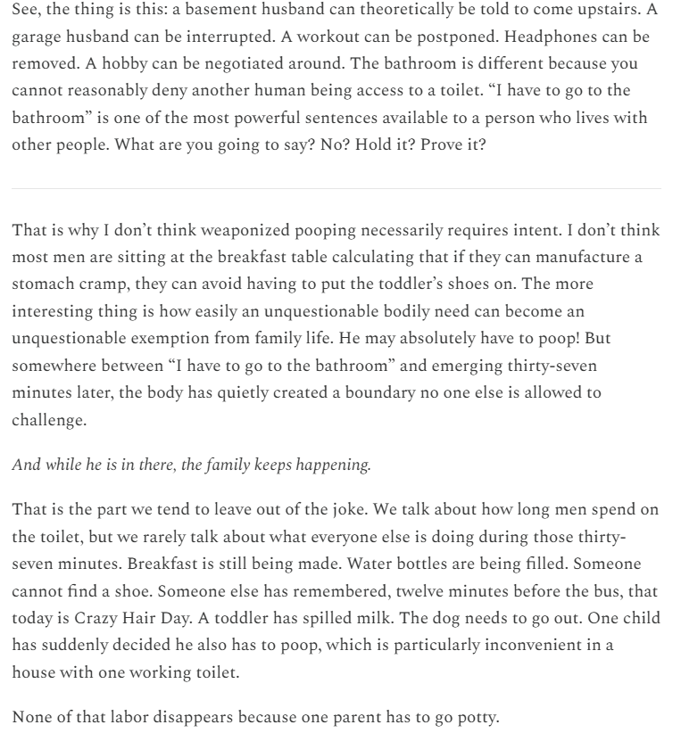 kindaveryfurry's tweet photo. @cimmerian_v Also holy shit this article is insane, I especially love this part where the women seems to be FUMING that a man in the toilet cannot be disturbed

She loves that she can "negotiate" his hobbies and drag him out from his peace but the toilet is too powerful for her. She hates it https://t.co/bVfTjb5f2d