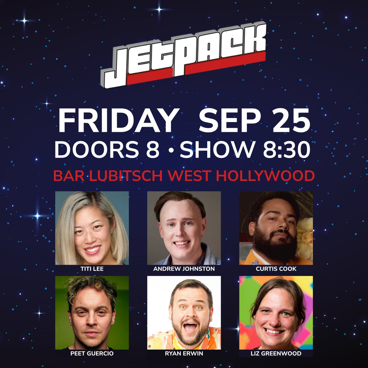 JetpackComedy's tweet photo. Friday @BarLubitsch! LA's finest standup show is here to start your weekend right.

@_andrewjohnston @someotherliz @PeetGuercio @LeresaTee @thecomedybureau 

Get tickets: https://t.co/CRFVnA8jZn https://t.co/jS6b7cTc3b