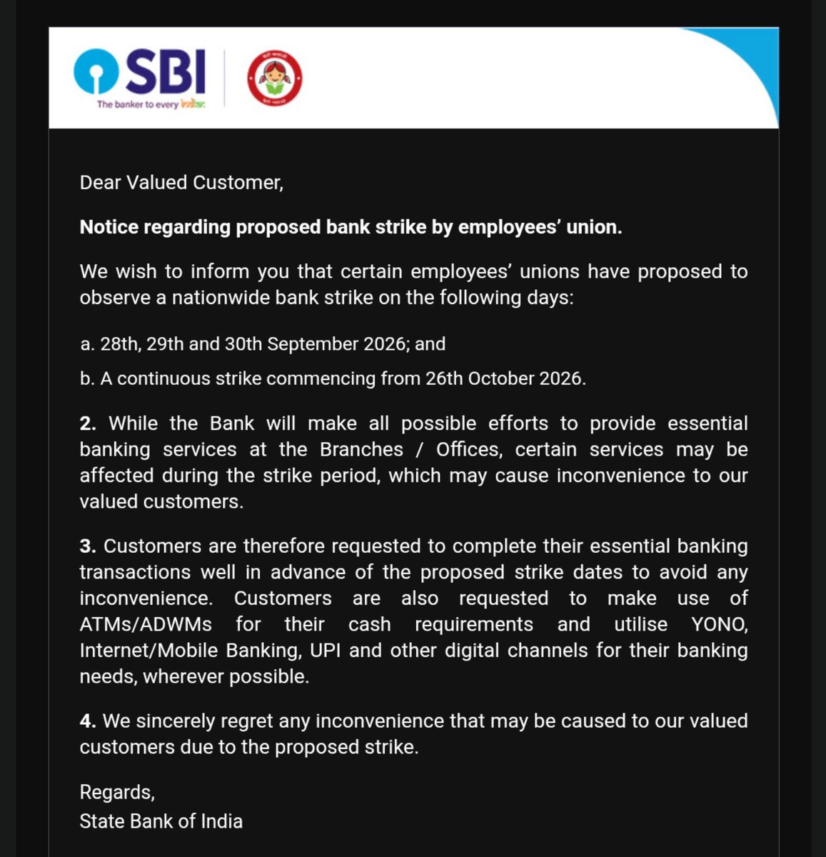 IT_Employee_'s tweet photo. 🏦 Why are bank employees going on strike? 😮
 Sept 28–30, 2026
🔹 5-day workweek — all Saturdays off
🔹 Pension updation
🔹 Employee grievances &amp; service conditions
💻 UPI, ATMs &amp; online banking are expected to continue, but branch services may be affected.
#BankStrike https://t.co/xhdAIPuajb