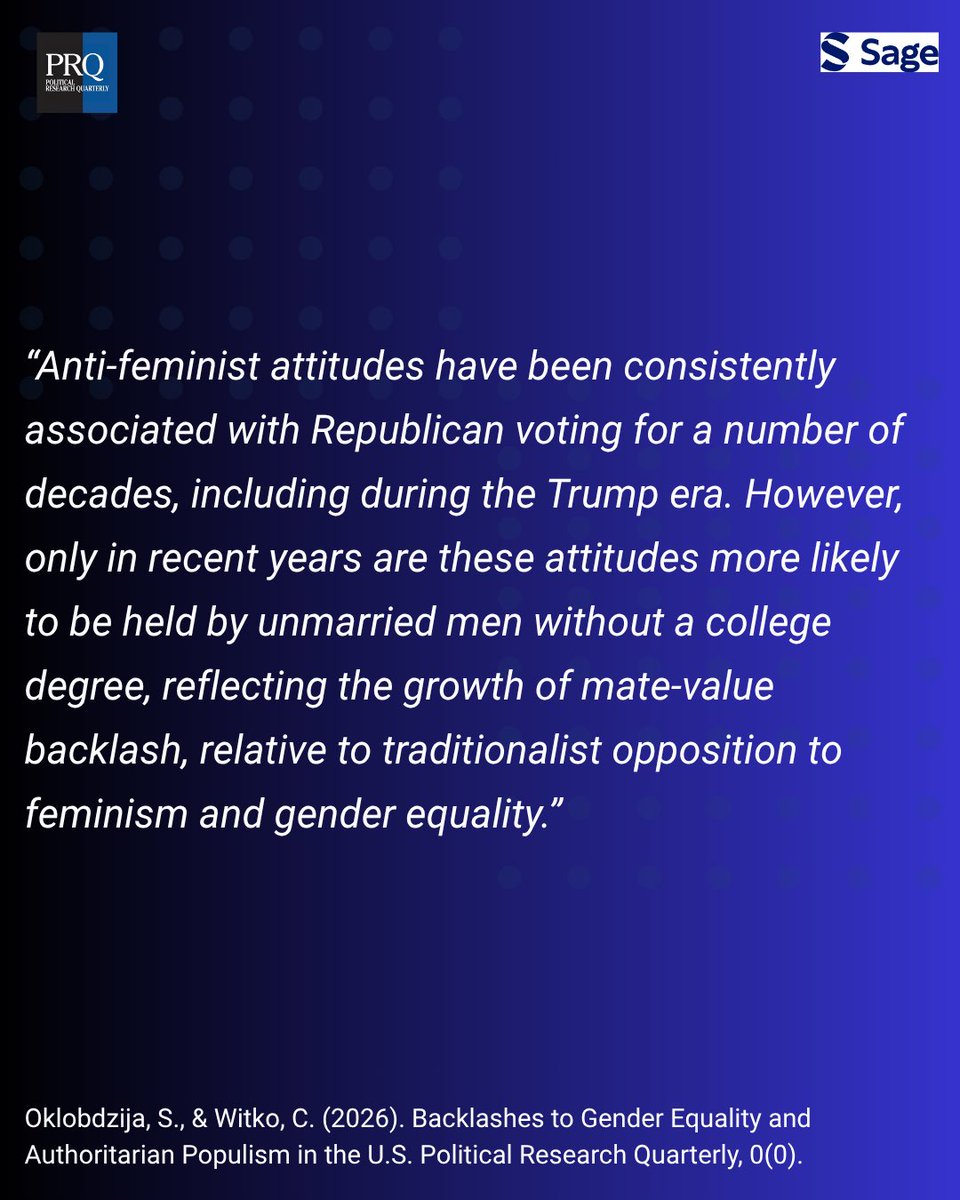 PRQjournal's tweet photo. S. Oklobdzija &amp; C. Witko find that anti-feminist attitudes have long been associated with Republican voting. In more recent elections these attitudes have become especially prominent among unmarried men without college degrees (“mate-value backlash”).
https://t.co/ZF6UoarYq3 https://t.co/4jhDoCQIVJ