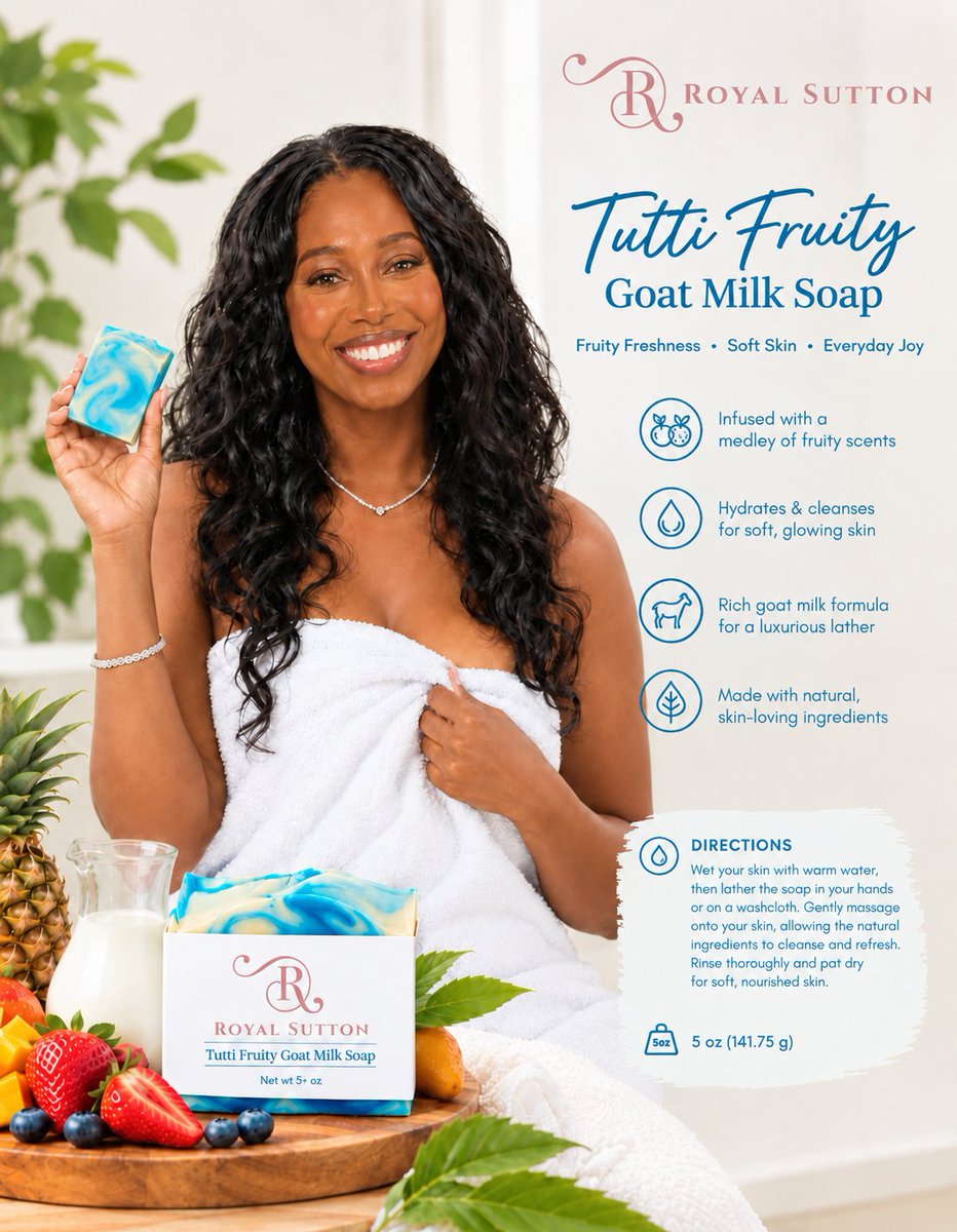 royalsuttonskin's tweet photo. A creamy, fruity-scented soap with raw goat milk, organic oils & Fair Trade shea butter for a rich, luxurious lather.
Cleanses & hydrates
Natural ingredients
Soft, refreshed skin
5 oz / 141.75 g
#TuttiFruity #GoatMilkSoap #RoyalSutton #Skincare https://t.co/WIR9vSChpx