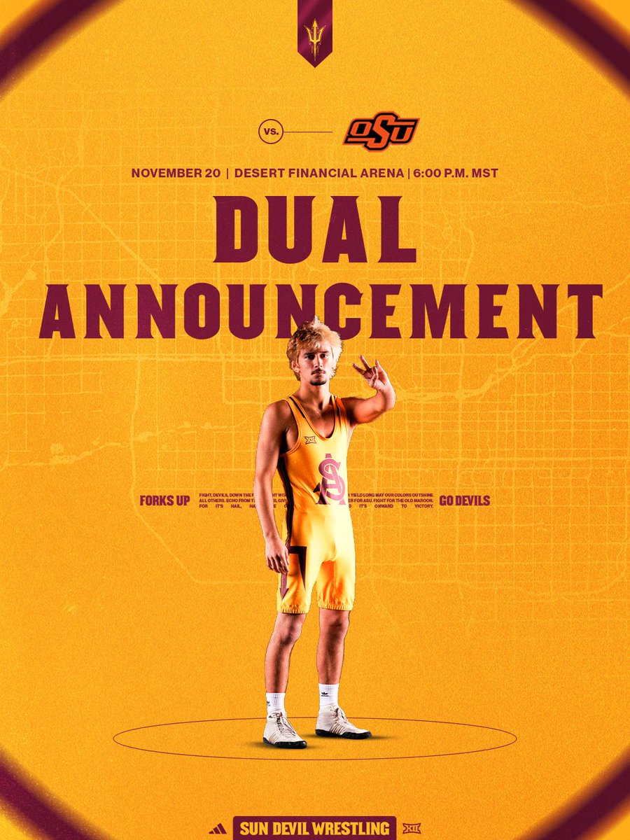ASUWrestling's tweet photo. You'll want to mark your calendars for this one. 😈

We're set to host Oklahoma State on November 20th at 6 p.m MST at DFA as one of our home duals for the upcoming season!

#ForksUp /// #O2V https://t.co/vZujQGALjM