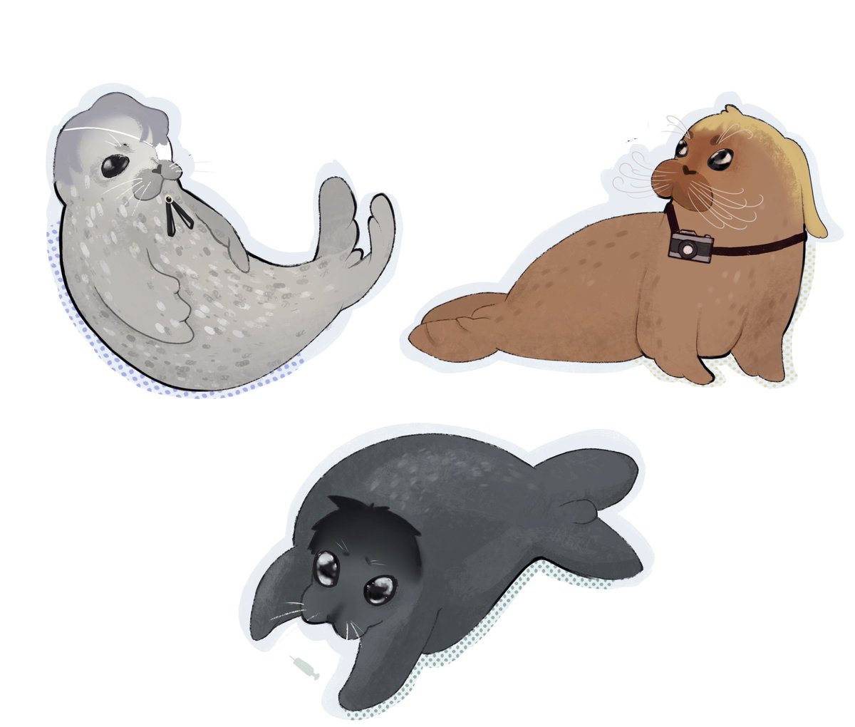 rasphiberry's tweet photo. Gyu! 🦭
Daan is a weddell seal (able to survive harsh environments), Karin is a bearded seal (more solitare and able to investigate the ocean's floor with the whiskers) and Levi is a Baikal seal (looks soggy.) 

#fearandhunger #funger #fearandhungerfanart #fungerfanart #kindof https://t.co/hGY340ZnD0