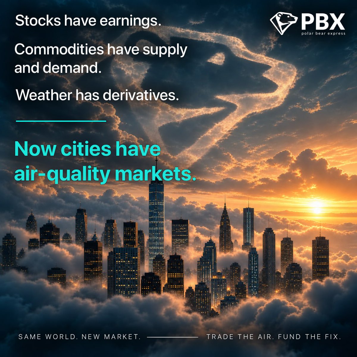 PBXearth's tweet photo. Stocks have earnings.

Commodities have supply and demand.

Weather has derivatives.

Now cities have air-quality markets.

Same world. New market. 

Trade the Air. Fund the Fix.

💨 https://t.co/rgxcVwsvsq https://t.co/YQFBidJZpS