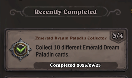 fredongames's tweet photo. Another little #Hearthstone achievement unlocked.

Just need 3 more to finish up Emerald Dream Paladin Collector ✅

The achievement hunt continues... https://t.co/7c7Pajwcdh