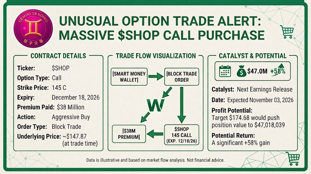 🐘 $38M $SHOP — BIGGEST PRINT OF THE SERIES 🛒

THE PRINT 🖨️
• $SHOP $145 calls, exp Dec 18, 2026 (Friday)
• $38M premium, aggressive BUY, block trade
• Underl
