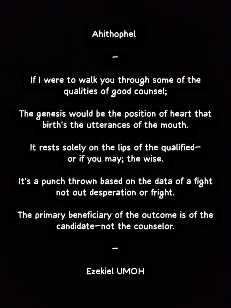 tieumoh21's tweet photo. For DAY 265/365✅
—Ahithophel—
Power with Power ✨✍🏽⚖️
#PowerWithPower #Day265 #Poetry #mystery #thoughts #life #quotes #EzekielUMOH https://t.co/9JRo8uZsK1