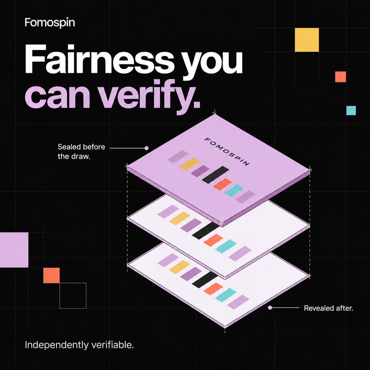 fomospin's tweet photo. Fairness comes with receipts 🔍 

Sealed before the draw. Revealed after. Independently verifiable. With $FOMOSPIN, you can check the result yourself. https://t.co/otfdS43uUc