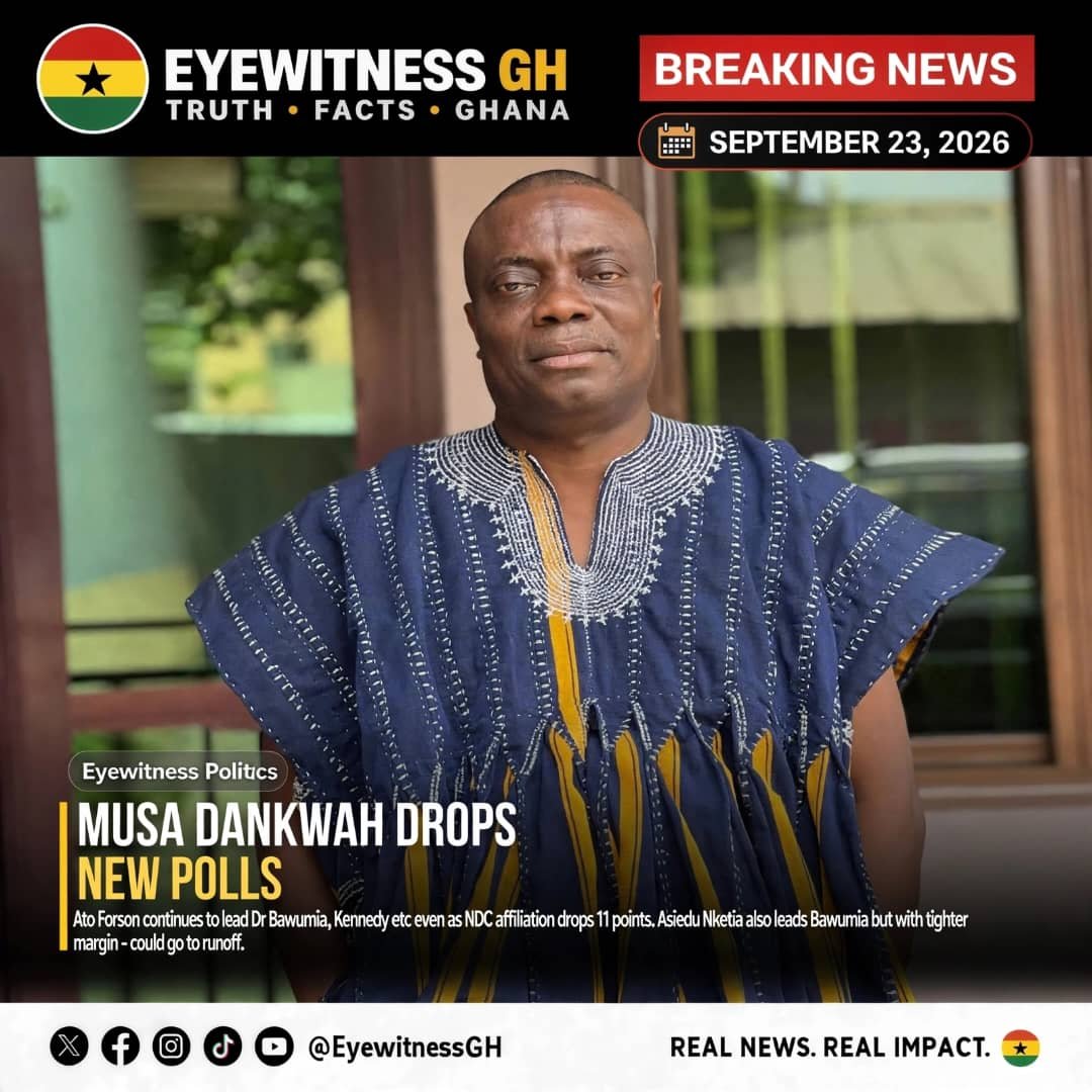Eyewitnessgh's tweet photo. BREAKING: MUSA DANKWAH DROPS NEW POLLS

Ato Forson @Cassielforson  still leads Dr @MBawumia,  Kennedy & co even as NDC affiliation drops 11 points.

Asiedu Nketia also leads Bawumia but with tighter margin — could go to runoff.

#EyewitnessGH #GhanaPolls #Election2028 #MusaDankwah