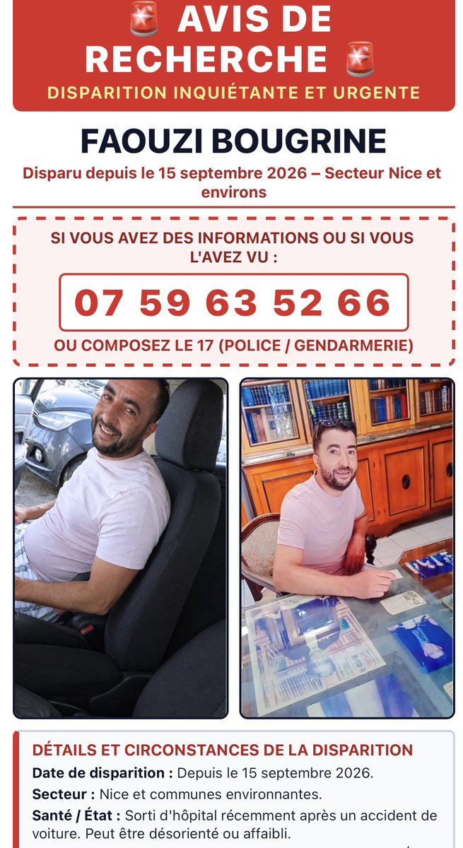 Souuu98's tweet photo. Faouzi, un membre de ma famille, a disparu. Il venait de sortir de l’hôpital après un accident de la route et n’a aucun papier d’identité sur lui. Il pourrait être désorienté ou avoir besoin de soins médicaux. https://t.co/ZwxxevSOfH