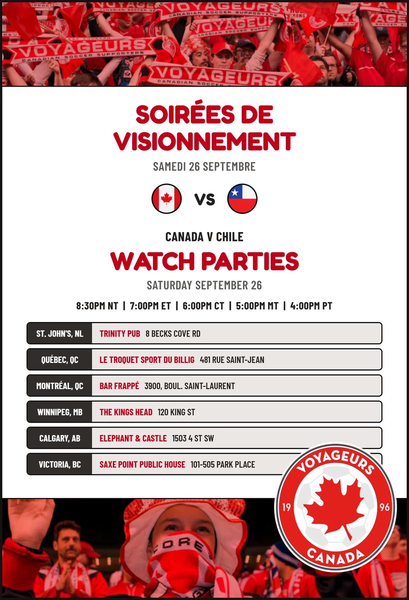 thevoyageurs's tweet photo. Reminder / Rappel
Can't make it to Toronto? Watch with the Vs, coast to coast.
Vous ne pouvez pas être à Toronto? Regardez le match avec les Vs, d'un océan à l'autre.
#AllezLesRouges #CanMNT https://t.co/pruJbauu82